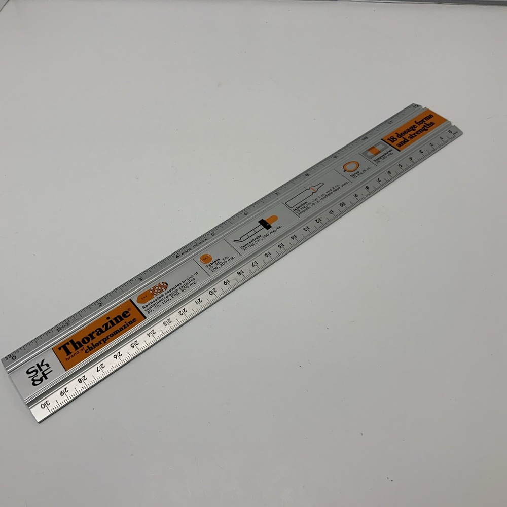 VINTAGE SKF THORAZINE ANTIPSYCHOTIC MEDICATION ADVERTISING METAL 12" RULER